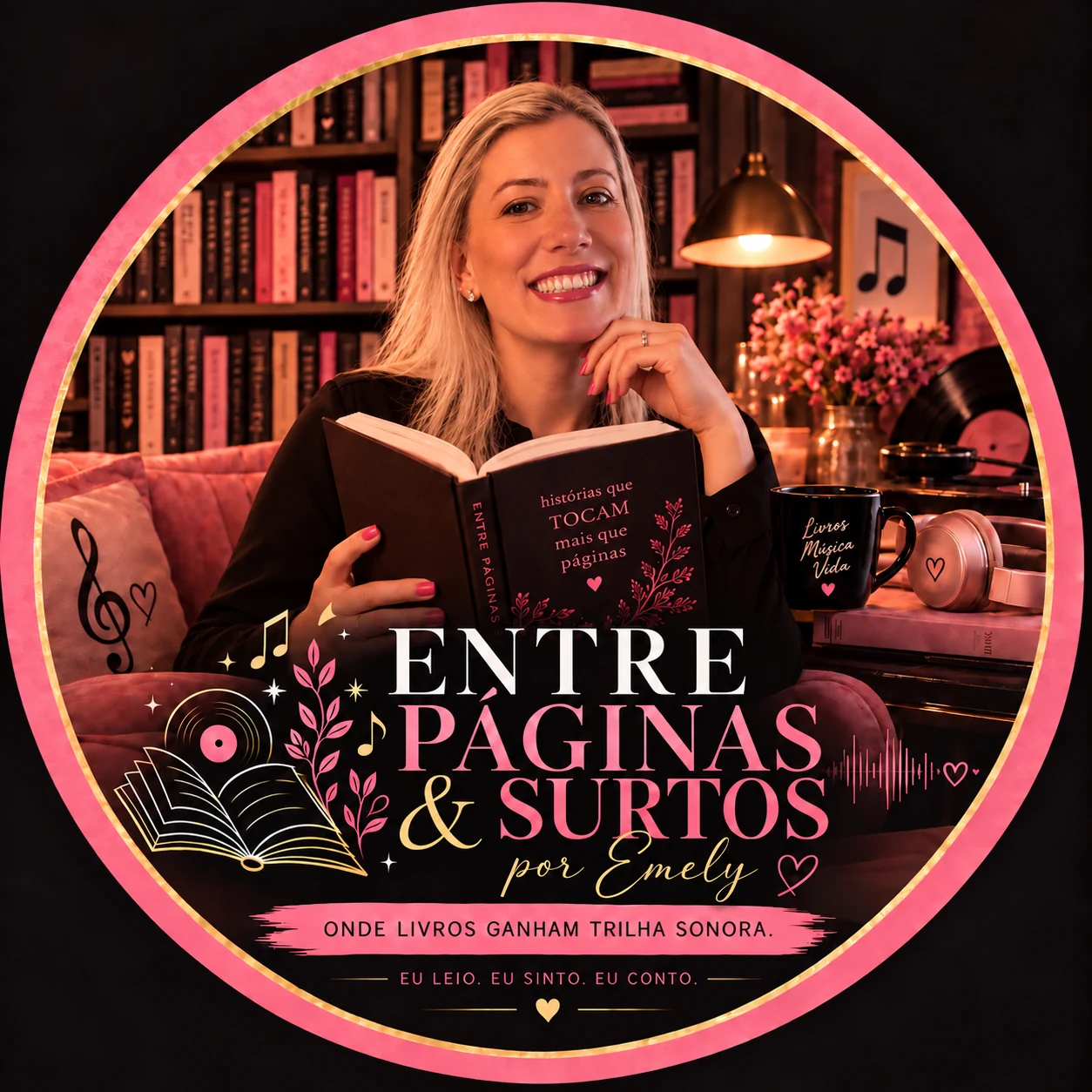 Identidade visual Entre Páginas & Surtos, com Emely lendo em um ambiente de livros e música